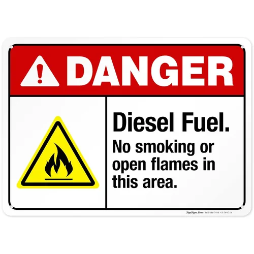 Vista 11 de Diesel Fuel No Smoking Or Open Flames in This Area Sign, ANSI Danger Sign, 10x7 Inches, Rust Free .040 Aluminum, Fade Resistant, Indoor/Outdoor Use