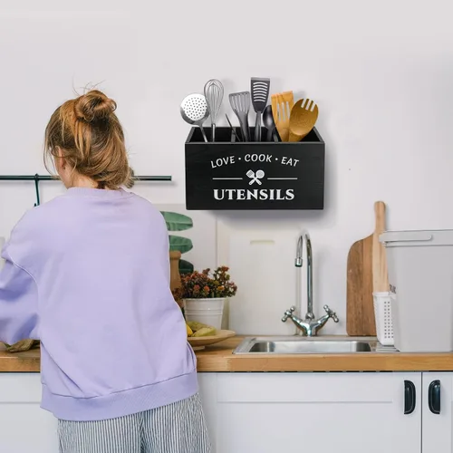 Vista 5 de MINCORD Soporte para utensilios de cocina con 3 compartimentos, caja organizadora de almacenamiento de madera rústica, caja organizadora