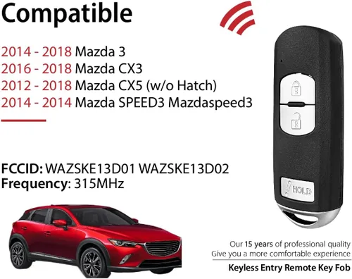 Vista 2 de Repuesto para Mazda 3 CX3 CX5 Speed3 Control remoto WAZSKE13D01 3 2012 2013 2014 2015 2016 2017 2018 3 botones 315MHz