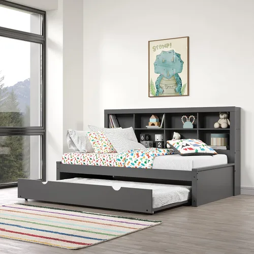 Vista 4 de Donco Kids Equable Modern - Estantería individual con cama corrediza doble en acabado gris oscuro