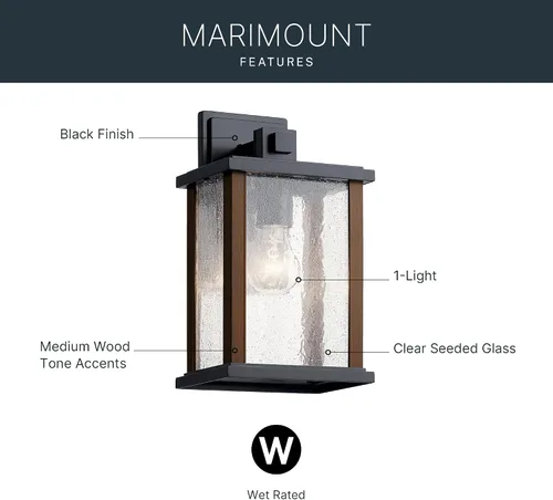 Vista 3 de Kichler Marimount - Lámpara de pared para exteriores de 12.75 pulgadas en color negro, aplique de pared exterior de 1 luz con vidrio acanalado