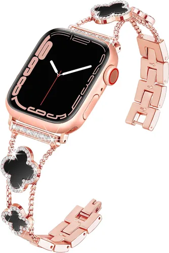Vista 23 de wipalor Correa de trébol de cuatro hojas para Apple Watch para mujer de 42mm 41mm 40mm 38mm, correas delgadas iWatch para mujer, correas metálicas
