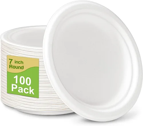 Vista 9 de Platos de papel pequeños, 7 pulgadas, paquete de 50 desechables, compostables, ecológicos, resistentes para comidas diarias, naturales
