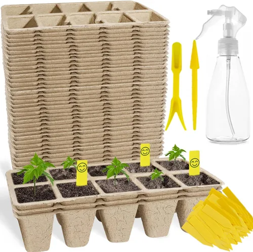 Vista 8 de Bandejas de inicio de plántulas de 200 celdas con agujeros de drenaje, 20 macetas de turba biodegradables, kit de inicio de plántulas, bandejas