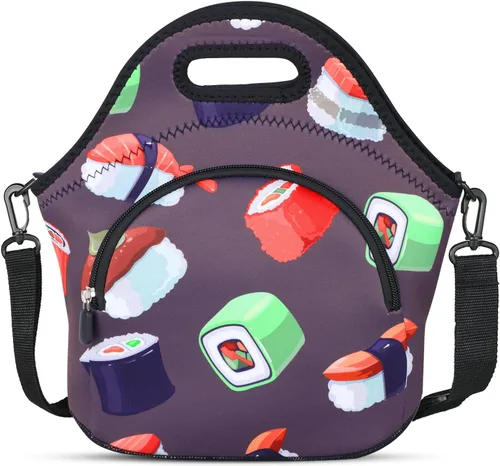 Vista 20 de Violet Mist Lonchera de neopreno reutilizable aislada con correa de hombro ajustable y bolsillo para mujeres, hombres y adultos, lindas bolsas