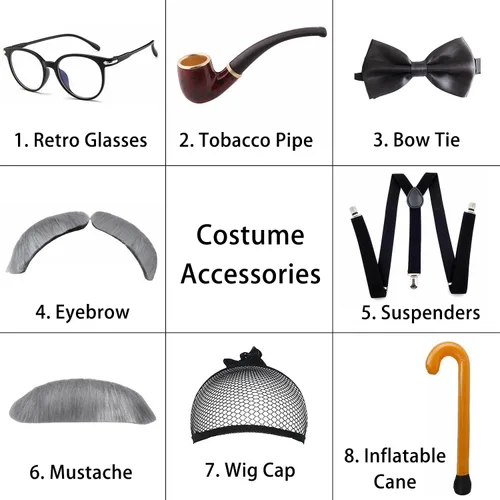 Vista 2 de Peluca gris de anciano con juego de cosplay para el día 100 de escuela, para hombres y niños, disfraz de anciano de Halloween (tamaño adulto, gris)