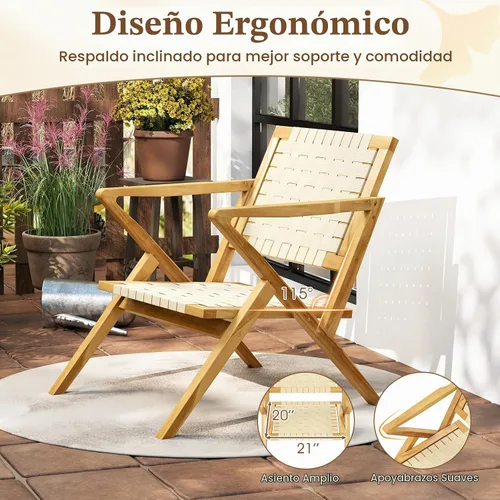 Vista 7 de Tangkula Silla de comedor de madera de teca para exteriores, sillón rústico de madera para patio con asiento y respaldo de cincha, para sala