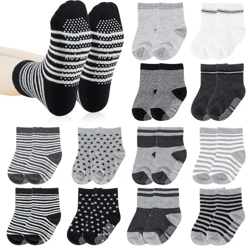 Vista 8 de Calcetines antideslizantes para bebé, 12 pares de calcetines de agarre de algodón, calcetines de agarre para bebé niño