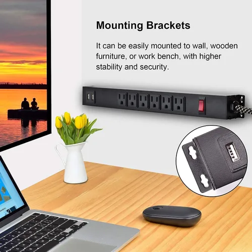 Vista 5 de Regleta de alimentación de metal para montaje en pared con 2 puertos USB, protector de sobretensiones 300J, cable de extensión de 6 pies