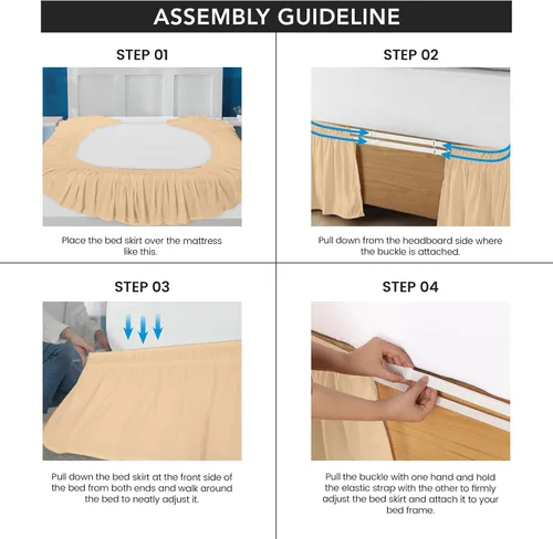 Vista 4 de Wrap Around Queen Bed Skirt, Easy Fit Elastic Belt, 16 Inch Drop, Beige