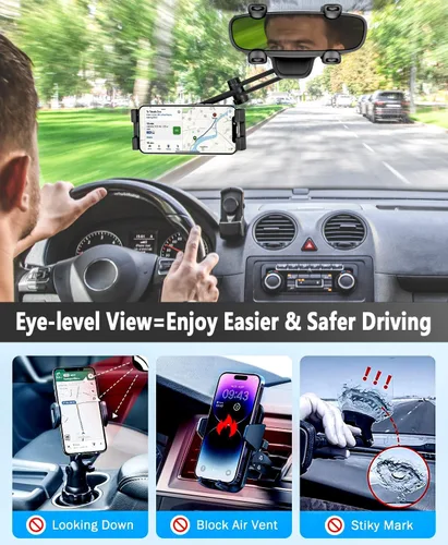 Vista 3 de Soporte para tablet para espejo retrovisor para coche y camión, giratorio y retráctil Rear View Mirror Clip Phone Tablet Holder Upgraded 4 Corners