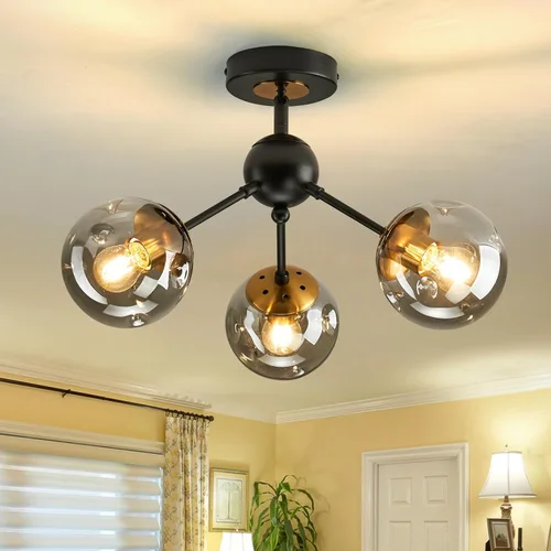 Vista 12 de Lámpara de techo de 1 bombilla de techo con forma de globo de cristal, moderna y semiempotrada de color negro para pasillo, porche, escalera