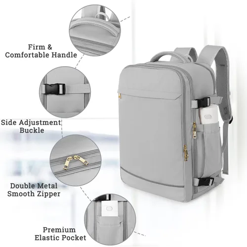 Vista 5 de Sinaliy Mochila de viaje grande para mujeres y hombres, mochila de transporte aprobada por vuelo de 40L, Gris, Mochilas de viaje