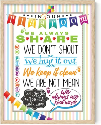 Vista 11 de In Our Playroom Rules Wall Art 11x14 Framed Poster Ready to Hang Kids Behavior Chart Nursery Decor Classroom Rules Poster Sharing Kind Words Hug It