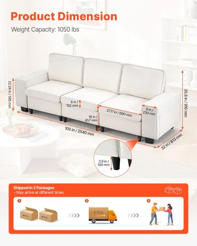 Vista 2 de VEVOR Sofá modular de 3 plazas de 100 pulgadas, cómodo sofá con asientos profundos y almacenamiento oculto, diseño moderno para sala de estar