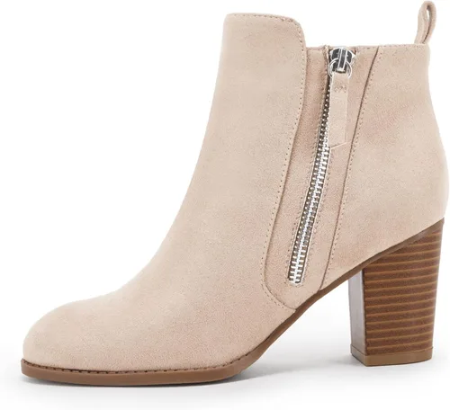 Vista 3 de Rilista Botines para mujer, tacón grueso, cremallera lateral, puntera puntiaguda, gamuza, para otoño e invierno