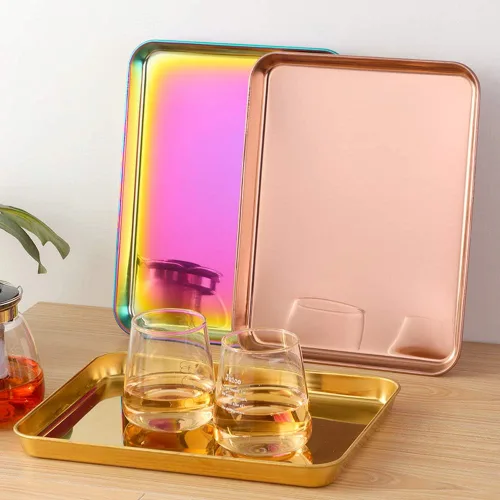 Vista 4 de Bandeja de acero inoxidable para mesa de café, plato de barbacoa, postre, plato de frutas, bandejas de desayuno, accesorios de cocina, oro rosa