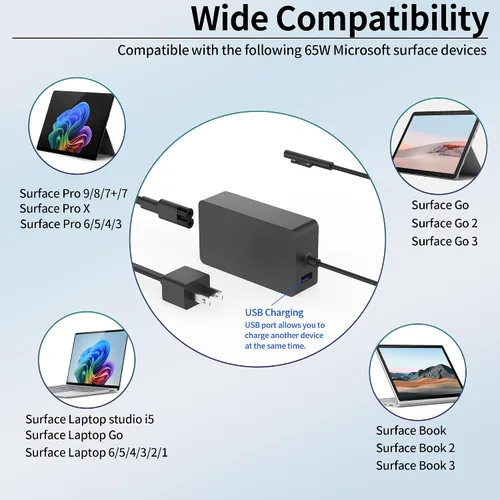 Vista 4 de Cargador de 65 W y 44 W compatible con Microsoft Surface Pro 9 8 7+ 7 6 5 4 3 X Surface Laptop 5 4 3 2 1 compatible con modelos 1706 1950 1943 1876