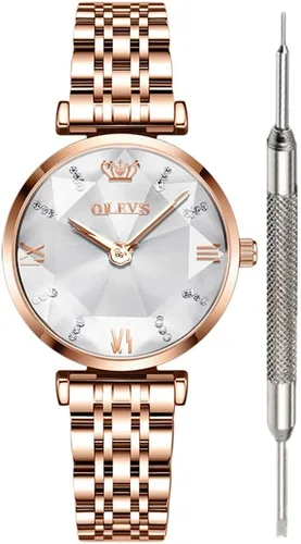 Vista 8 de OLEVS Reloj prismático con diamantes de moda, relojes de lujo para mujer, reloj de cuarzo analógico de acero fino y elegante Verde-Face