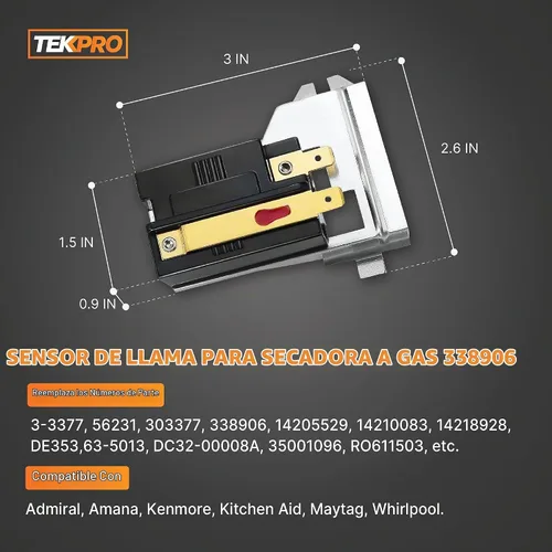 Vista 4 de Kit de reparación de secadora de gas con encendedor 279311, bobina de válvula 279834, sensor de llama 338906. Piezas de repuesto