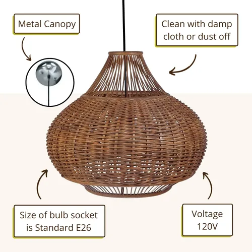 Vista 5 de KOUBOO Lámpara colgante de mimbre de pera de mimbre y bola de bambú, lámpara colgante para cocina, dormitorio, comedor, 18 x 15 pulgadas, marrón