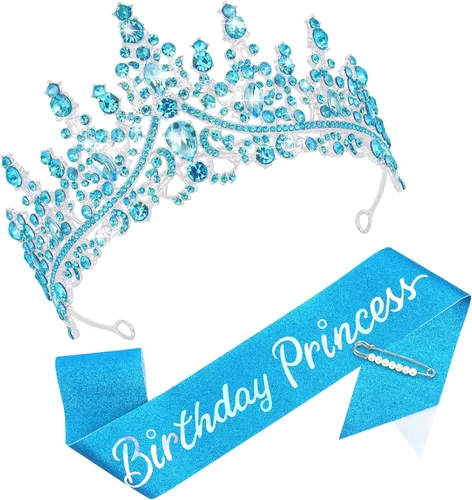 Vista 12 de CAVETEE Corona y banda de princesa de cumpleaños, corona de cumpleaños con banda de purpurina para decoraciones de fiesta de princesa, accesorios