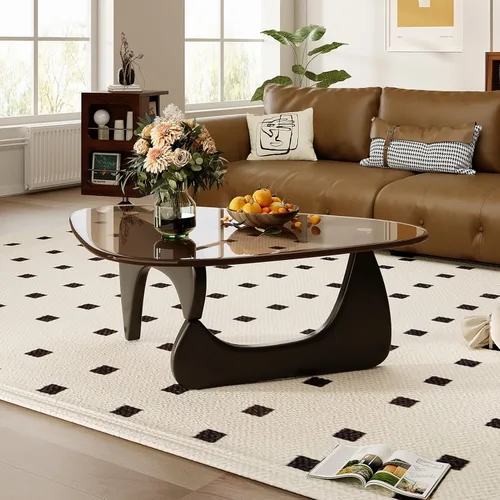 Vista 3 de Mesa de café para sala de estar, mesa central moderna de mediados de siglo con tapa de vidrio y madera, marrón/negro