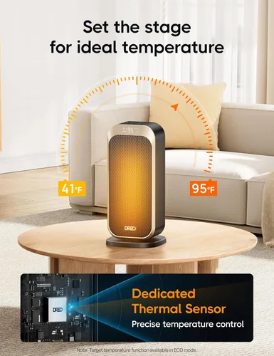 Vista 7 de DREO Calentadores de espacio para uso en interiores, calentador eléctrico portátil de 1500 W con control remoto y termostato, cerámica PTC, calor