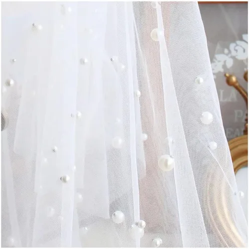 Vista 6 de V607 Luxurious Fingertip Marriage Bridal Veil Pearls Beaded Plain Tulle One-Layer Blusher White Wedding Bride Veil with Comb