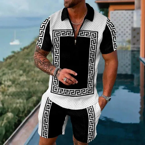 Vista 2 de BIRW Conjunto corto de 2 piezas para hombre, camiseta polo, conjunto casual de verano de manga corta y pantalones cortos para hombre