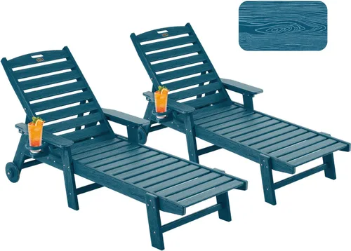 Vista 20 de Chaise Lounge Chair al aire libre con ruedas, silla de patio de gran tamaño con textura de madera, silla de plástico de 5 posiciones para piscina