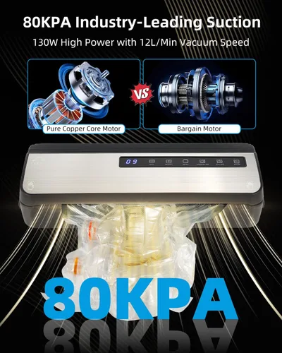 Vista 5 de Máquina selladora al vacío para alimentos, 80KPA Potente sellador automático de alimentos 8 en 1 con modos seco y húmedo, almacenamiento de bolsas
