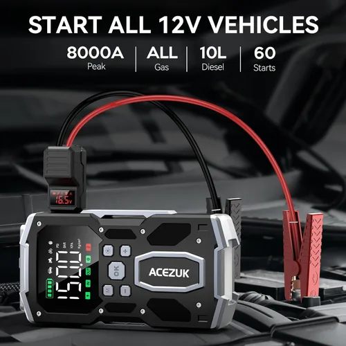 Vista 9 de ACEZUK - Arrancador portátil para automóvil con compresor de aire, 150PSI 8000A (todo gasolina/10.0L diesel), batería de 12 V, batería de arranque