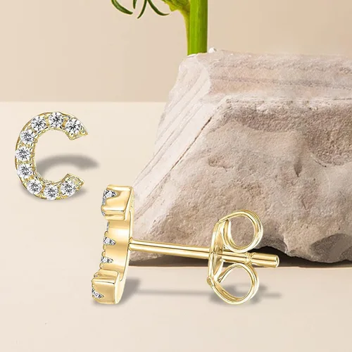 Vista 8 de Letter M Initial Stud Earrings for Girls, 14K Gold Plated Sterling Silver Alphabet Letter Earrings, Post CZ Stud Earrings, Hypoallergenic Earrings
