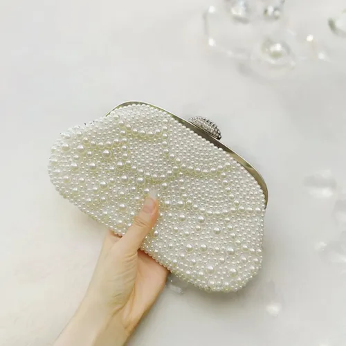 Vista 6 de Aovtero Bolso de mano de perlas para mujer, bolso de noche formal con cuentas completas con cadena