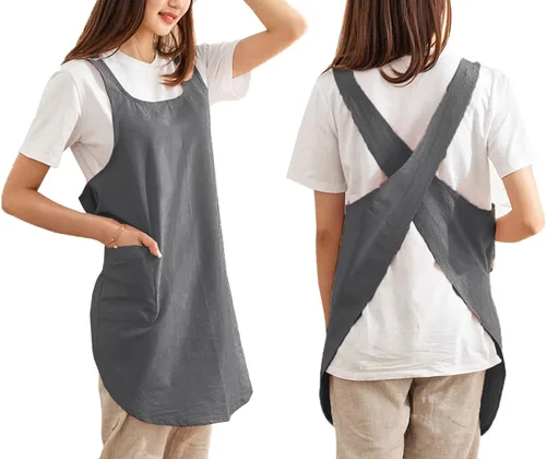 Vista 7 de Delantales de algodón con espalda cruzada, color sólido, para cocina, jardín, para mujeres y niñas con bolsillos