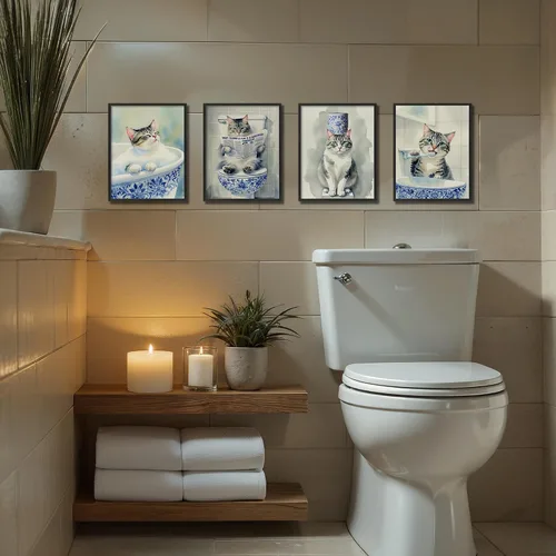 Vista 5 de DEQSX - Juego de 4 impresiones divertidas de arte de pared de baño de estilo chino azul y blanco con gatos, regalos para amantes de gatos, pósters