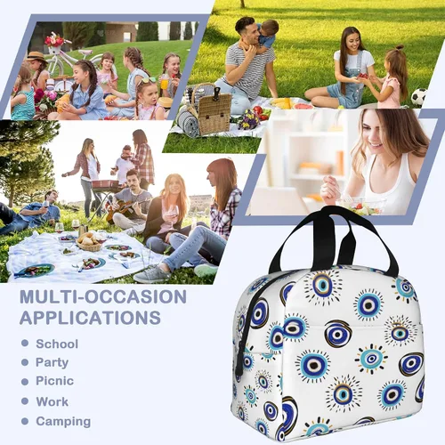 Vista 6 de Lonchera con aislamiento de ojo malvado azul para niñas y niños, lonchera reutilizable para niños, adultos, escuela, estudiantes, trabajo, picnic