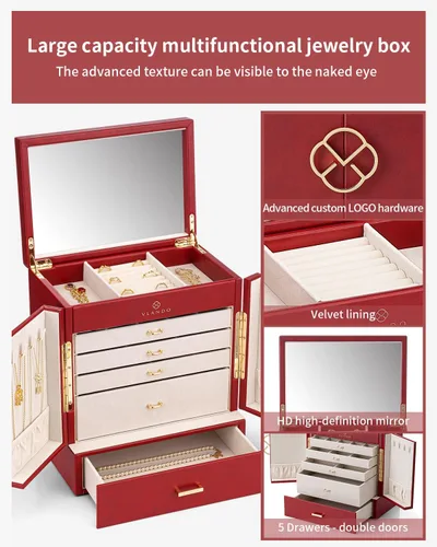 Vista 4 de Vlando Joyero y organizador, organizador de joyas de piel sintética para mujeres y niñas, 6 capas de espejo, caja de almacenamiento con 5 aretes