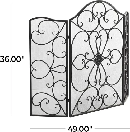 Vista 6 de Deco 79 Pantalla de metal para chimenea, pantalla de 49 x 1 x 36 pulgadas El panel plegable de la guardia 3 de la chispa del fuego de la voluta