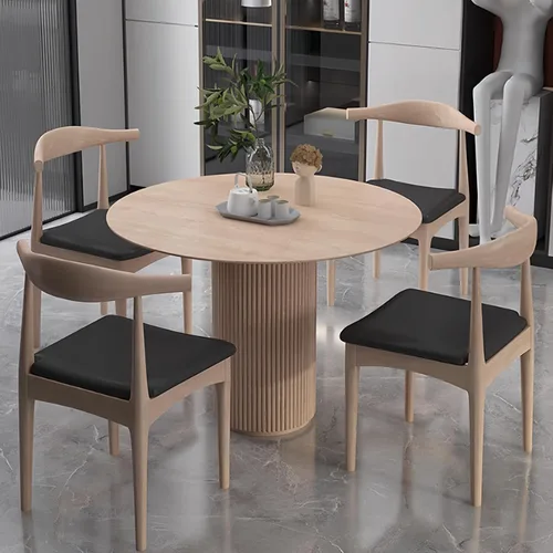 Vista 10 de Mesa de comedor de madera moderna de mediados de siglo, pequeñas mesas de cocina redondas de madera con patas de madera, mesa de comedor redonda
