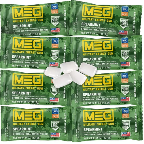 Vista 12 de MEG - Goma de mascar energética militar - Arctic Mint 100 mg de cafeína por pieza para rendimiento físico, impulso de energía para entrenamientos