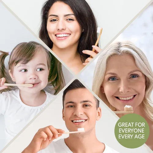 Vista 7 de Cepillo de dientes de madera de bambú natural, cerdas blancas suaves de 24k Organic- biodegradable, sin BPA, ecológico, respetuoso con el medio