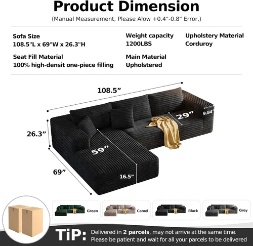 Vista 2 de Sofá Seccional Modular de 108.2" con Asiento Profundo, Sofá de Pana en Forma de L sin Estructura, Comodidad Moderna, Sofá Nube de Gran