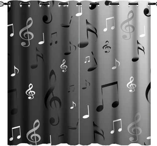 Vista 9 de Cortinas opacas de oscurecimiento de habitación con ojales, diseño rústico de símbolos musicales blancos y negros, tratamiento de ventana