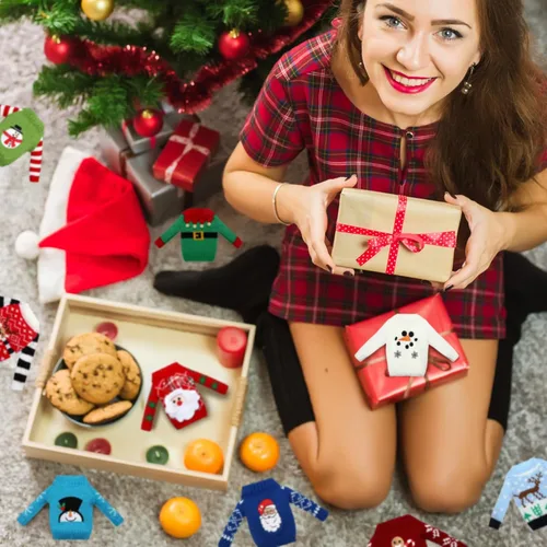 Vista 6 de Aoriher Juego de 9 piezas de accesorios de Navidad, accesorios de ropa, suéter, ropa de punto, alce, árbol de Navidad, copo de nieve, estampado
