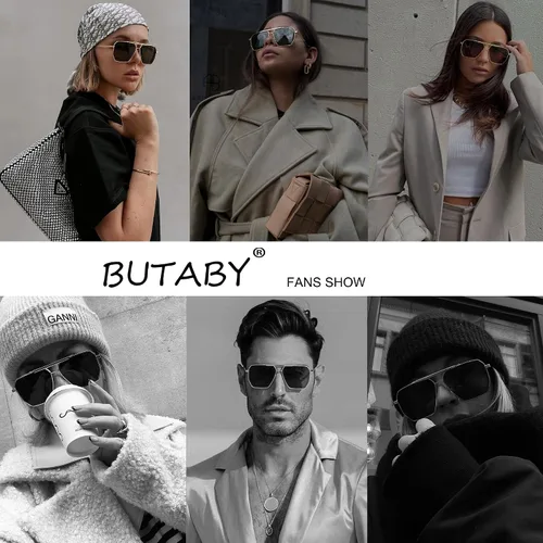 Vista 2 de BUTABY Gafas de sol retro para mujeres y hombres vintage cuadradas de gran tamaño polarizadas clásicas marco de metal UV400 gris dorado Gold Frame