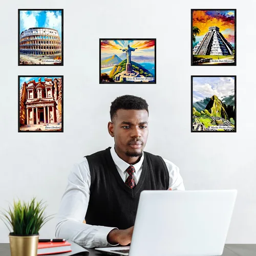Vista 6 de Decoración de pared de las Siete Maravillas del Mundo, juego de 7 famosos carteles de ciudad de viaje, impresiones de 8 x 10 pulgadas, sin marco