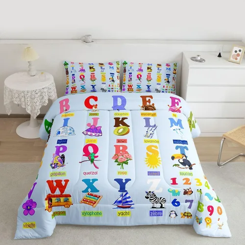 Vista 21 de jejeloiu Juego de edredón educativo para niños, tamaño matrimonial, juego de ropa de cama con números del alfabeto ABC para niños y niñas pequeños