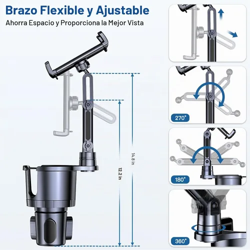Vista 4 de Portavasos para teléfono y tableta, 2 en 1, iPad con brazo extensible ajustable para teléfono de 4.7 a 10 pulgadas, soporte para tableta compatible
